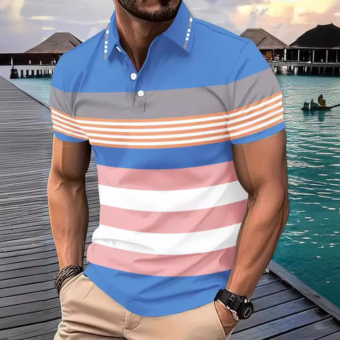 Men's Color Block Digital Printing Button Short Sleeve