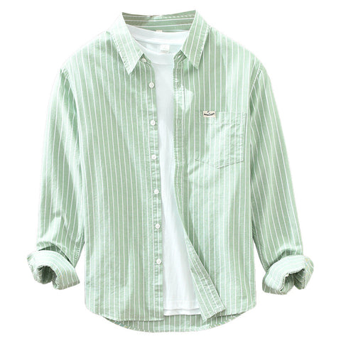 Men's Cotton Casual Striped Oxford Long-sleeved Shirt