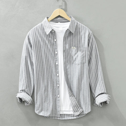 Men's Cotton Casual Striped Oxford Long-sleeved Shirt