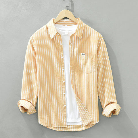 Men's Cotton Casual Striped Oxford Long-sleeved Shirt