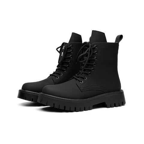 Black High-top Mid-calf Tooling Round Head Thick Bottom Martin Boots