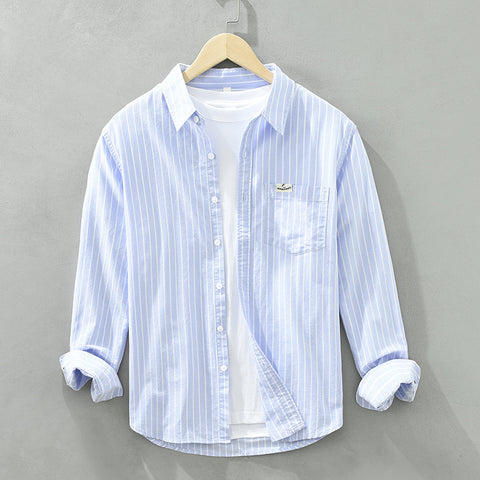 Men's Cotton Casual Striped Oxford Long-sleeved Shirt