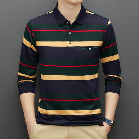 Men's Middle-aged Striped Polo Collar Top